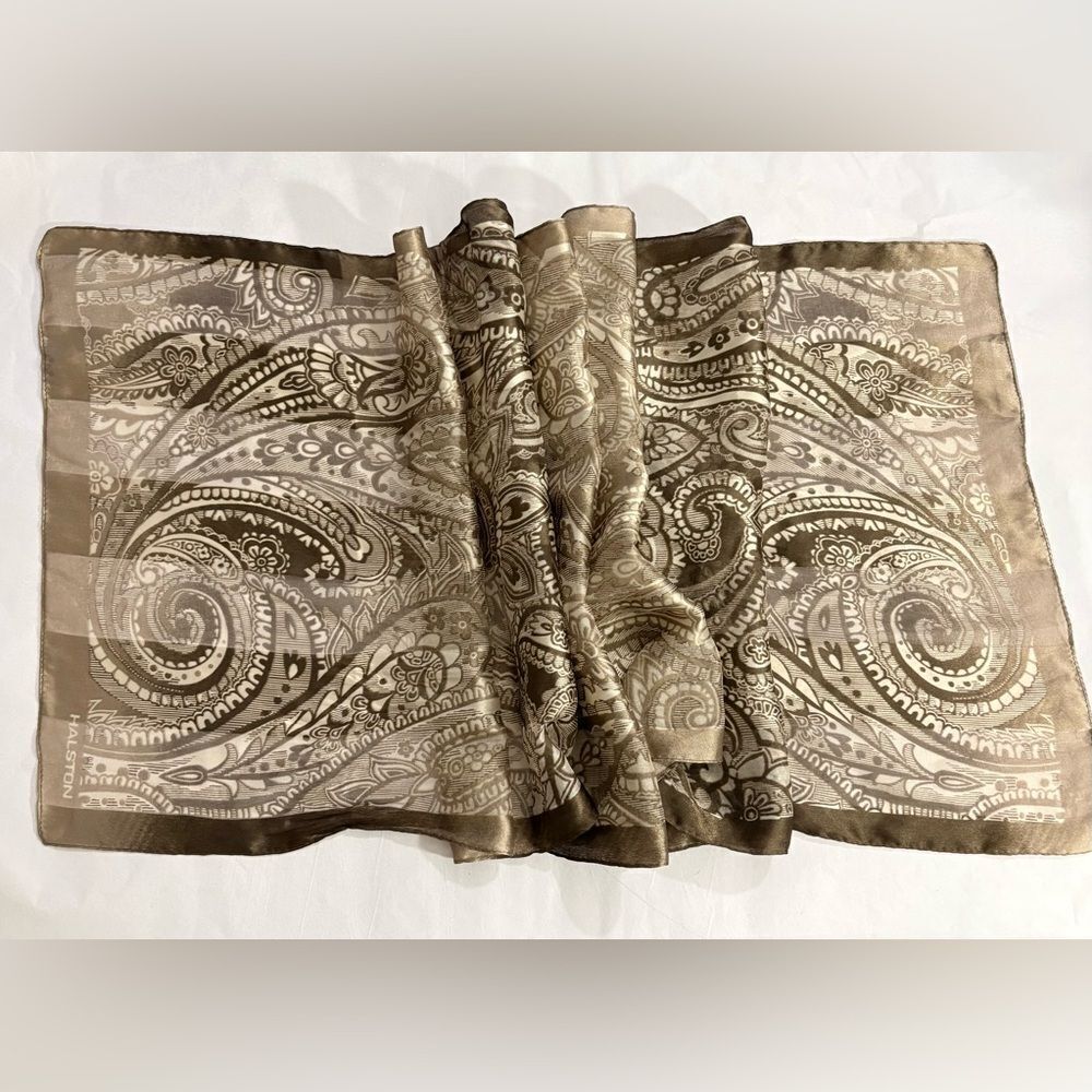 Vintage Halston Brown Paisley Semi Sheer Rectangular Scarf